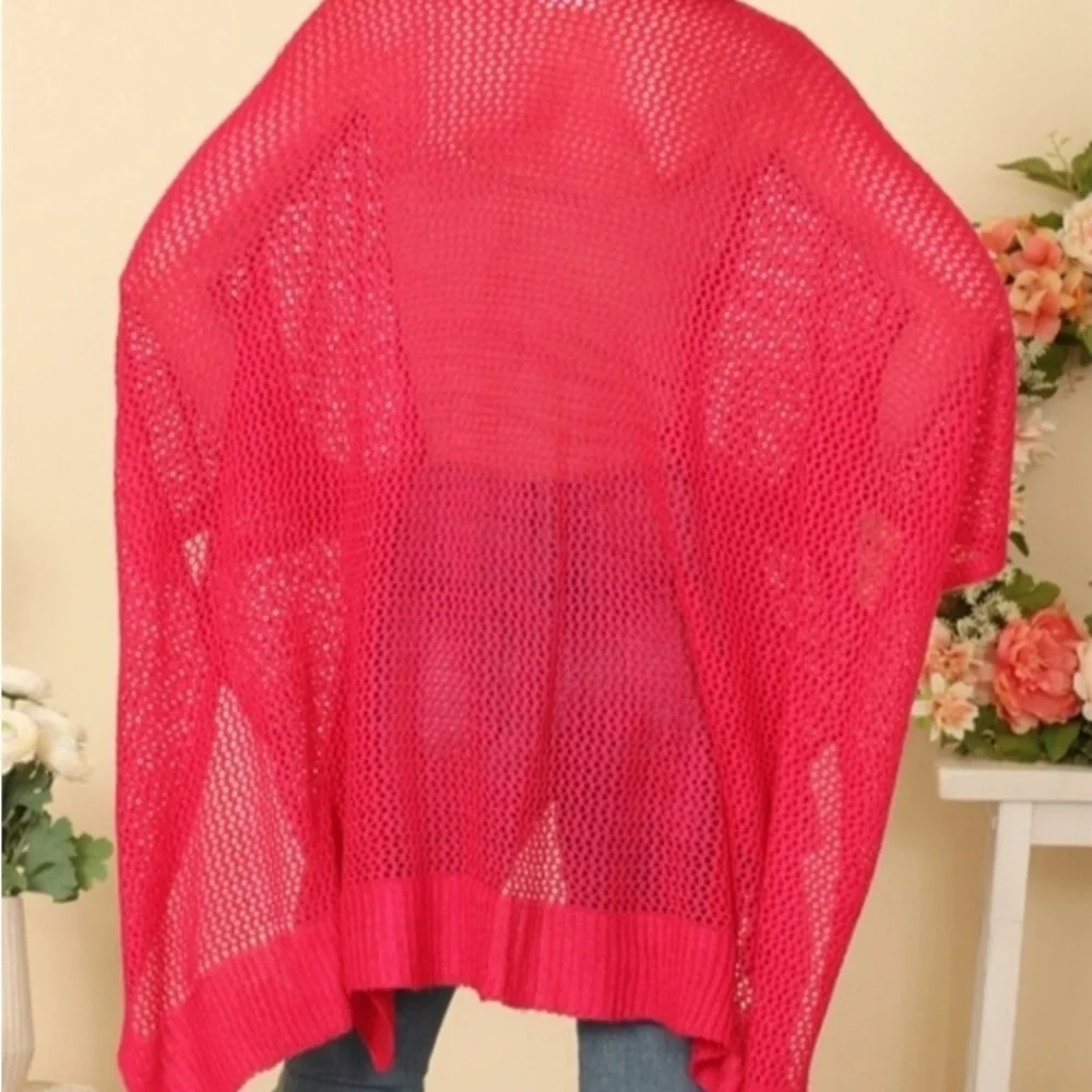 Vibrant Pink Open Knit Cardigan Layering Light Sweater NEW - Mesh Kimono Crochet - Picture 4 of 7